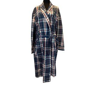 Vintage 70s SEARS Blue Plaid Cotton Blend Belted Robe Med Tall